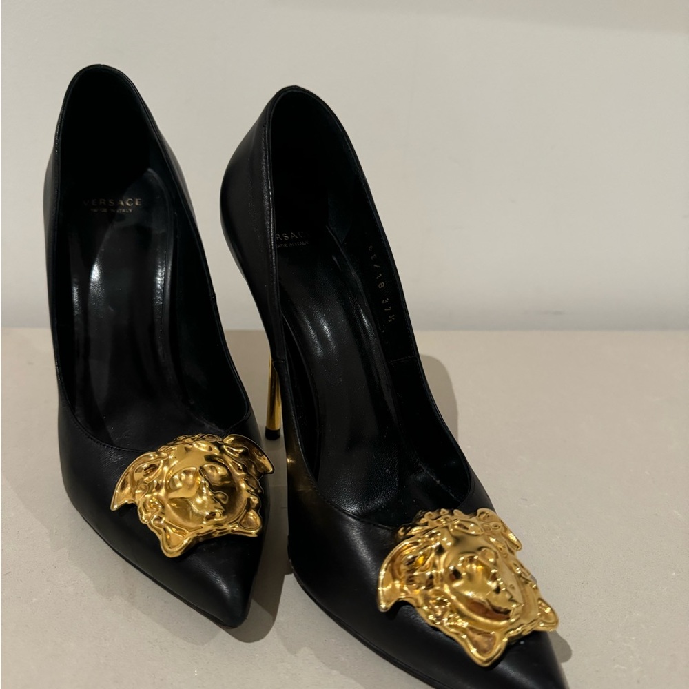 Versace Black Heels with Gold Medusa Accent